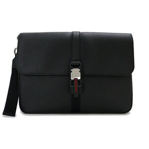 Gucci Web Stripe Business Clutch Bag Soft Grain Leather Black